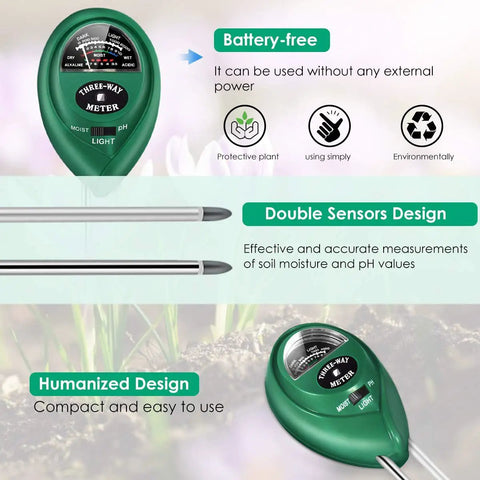 All In One Soil Tester With Moisture Meter, pH And Light For Indoor Outdoor Plants, No Battery Needed, shown in green.