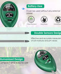 3 In 1 Soil Moisture PH Light Meter For Indoor Outdoor Use No Battery Needed Hygrometer Water Meter Quick Read For Potted Plants Trees Lawns Gardens Farm, shows design features and sensors.
