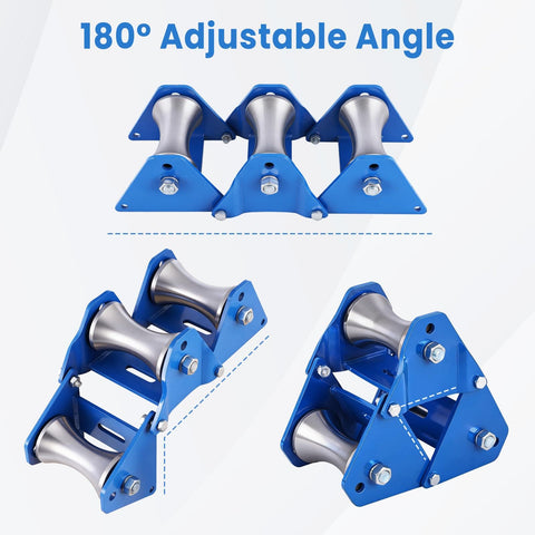 Beefed-Up Industrial Grade Heavy Duty Cable Puller Sheave With 180 Degree Adjustable Angle, three blue steel wheels