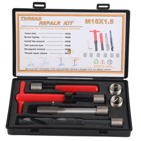 Stainless Steel M16x1.5 Thread Repair Kit 11 Piece Set With Twisted Drill Tap Installation Wrench Breaker Hex Wrench And Six Threaded Inserts For Automotive And Industrial Use Heavy Duty, open case