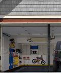 Magnetic Garage Screen For 1 Car 8x7 Ft With Retractable Fiberglass Mesh showing in use on a garage with a car and bicycle inside