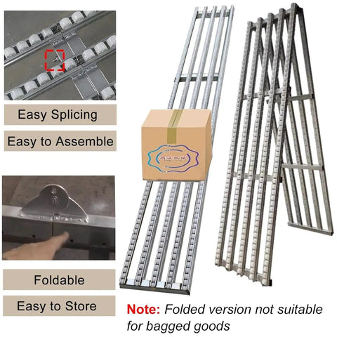 Heavy Duty Gravity Roller Conveyor Slide Built Solid For Slick Dock To Door Unloading Track Warehouse Freight Truck Trailer Cargo Setup With Smooth Abs Bearings That Just Roll Away Nice And Easy, showing foldable assembly and packaging.