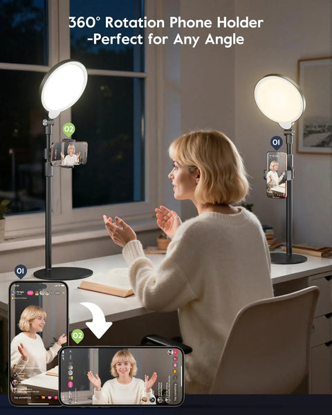 Woman using Ring Light With Desk Stand For Video Creation And Makeup, Dimmable LED With 30 Light Modes, on video call