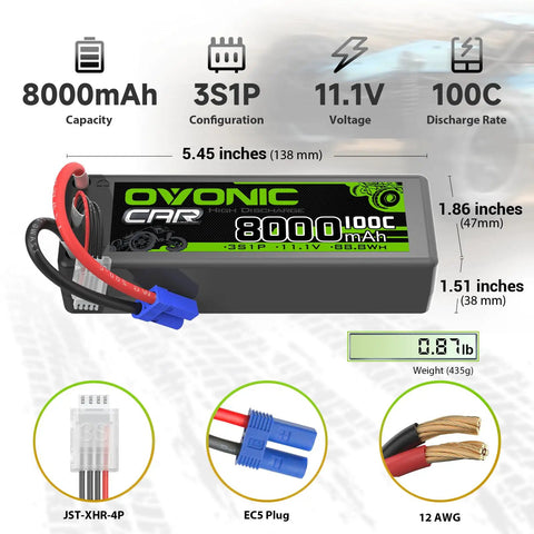 3S LiPo Battery 8000mAh 11.1V 100C Twin Pack With EC5 Connector And JST XHR 4P Charging Plug Hard Case for RC Vehicles
