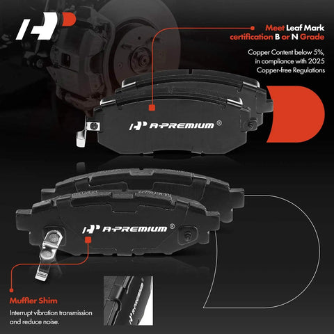 Front and rear ceramic brake pads set for Subaru models with muffler shim detail and leaf mark certification emphasis