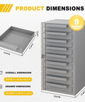 Lockable 9 Drawer Steel Parts Cabinet, Fully Assembled Welded Steel Construction for Tough Job Sites, 12.8W X 11.81D X 23.7H Inches, Built Like a Tank Heavy Duty Tool Organizer for Service Truck, Garage, or Workshop, Gray, dimensions view