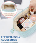 Puffy Padded Makeup Bag For Women With Wide Opening Travel Toiletry Organizer Case Light Blue showing organized cosmetics