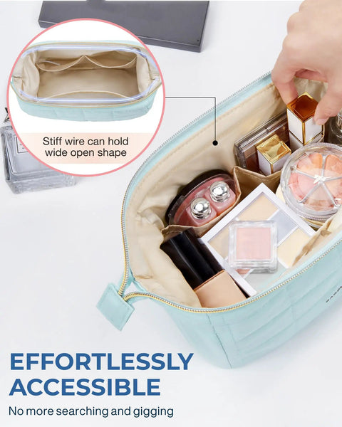 Puffy Padded Makeup Bag For Women With Wide Opening Travel Toiletry Organizer Case Light Blue showing organized cosmetics