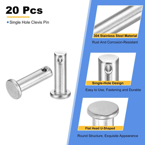 M6 x 20mm Single Hole Clevis Pins In 304 Stainless Steel, Flat Head Hitch Pins For Trailer Latches, 20 Pack, product view