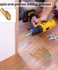 Badass Titanium Drill Bit Set Featuring Serrated Side Cutting Blades, drilling wood with a gold titanium bit in use.
