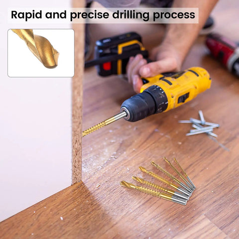 Badass Titanium Drill Bit Set Featuring Serrated Side Cutting Blades, drilling wood with a gold titanium bit in use.