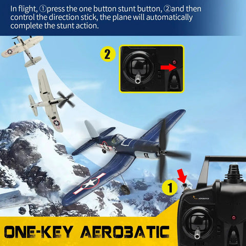 F4U Corsair RC Plane 4 Channel RTF with Xpilot Stabilization in flight showing aerobatic capabilities with controller