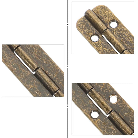 Close-up of Six Piece Long Piano Hinge Set for Boxes and Jewelry Projects, smooth metal finish displaying hinge details