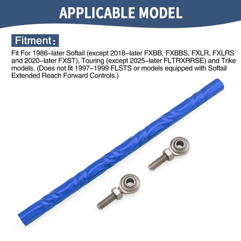 Adjustable Shift Linkage Rod For 1986 And Up Touring Softail Trike Ride Ready Fits Road King Road Glide Street Glide Electra Glide FXLRS Fat Boy Breakout Night Train Blue, blue anodized rod with heim joints