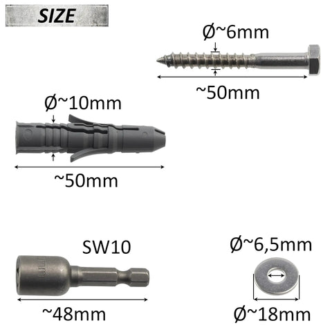 Nylon Dowel Kit With 8 Tough 10X50 Dowels, 8 Stainless Steel A2 6X50 Bottom Screws, 8 A2 Washers, SW10 Hex Socket with dimensions