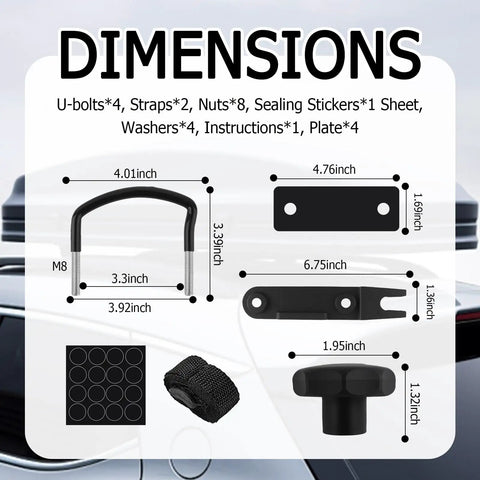 Detailed view of the 4 Pcs U Bolt Roof Rack Mounting Brackets Kit For Cars with dimensions and component list displayed.