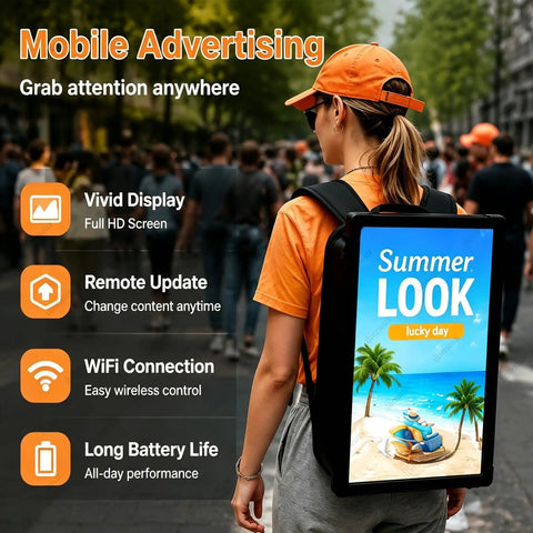 Portable Wearable Ad Backpack Packs 21.5 Inch Full HD LCD Screen With Built In Wifi Connectivity, Sunlight Readable Display worn by a person in a crowd.