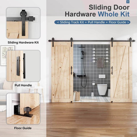 10 Foot Double Door Sliding Barn Door Hardware Track Kit With Handle Industrial Spoke Wheel Wall Mount Quiet Glide Easy Install Black Finish 108 Inch Track Fits 50 To 52 Inch Opening in a bathroom setting