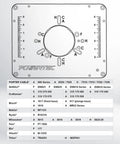 Router table insert plate with markings for various brand models, part of Heavy Duty Steel Folding Workbench With Router Table Top Rig Aluminum Insert Plate And Precision Fence For Badass Woodworking Cuts And Sweet Shop Upgrades.