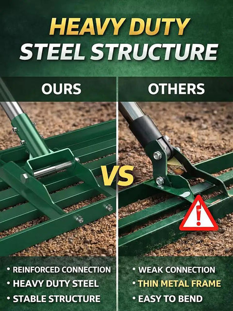 Comparison of heavy-duty steel structure of Lawn Leveling Rake 30 By 10 Inch with other thin metal frame rake.