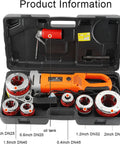 Rock Solid Heavy Duty Electric Pipe Threader Kit With Six Interchangeable Dies For Half Inch To Two Inch Lines Pro Grade Handheld Power Drive in case with accessories.