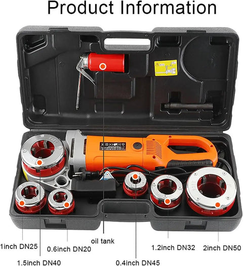 Rock Solid Heavy Duty Electric Pipe Threader Kit With Six Interchangeable Dies For Half Inch To Two Inch Lines Pro Grade Handheld Power Drive in case with accessories.