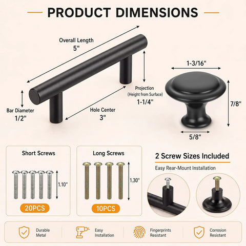 Matte Black Cabinet Pulls And Drawer Knobs Set For Cabinets And Drawers, Includes Ten Long Pulls And Ten Round Knobs, A Sleek No Brainer Upgrade For Your Kitchen Or Bath. Product dimensions chart with 5-inch pull and 1-3/16-inch knob