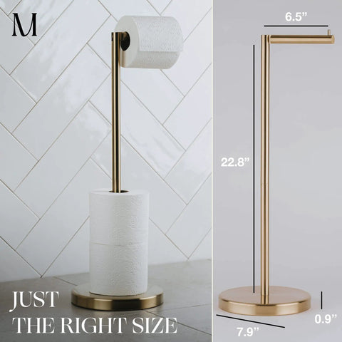 Freestanding Toilet Paper Holder With Storage For Four Rolls, Renter Friendly Stainless Steel Stand In Luxury Brushed Gold Finish