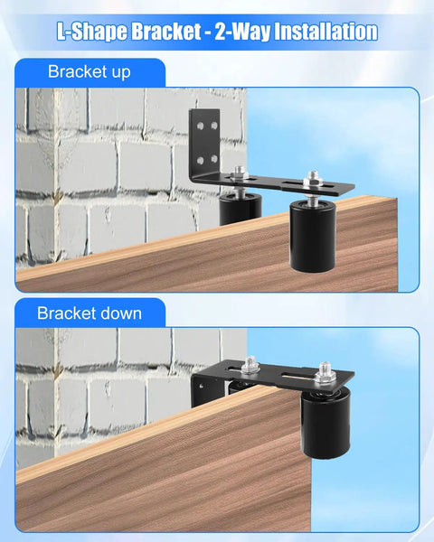 3 Inch Adjustable Sliding Gate Guide Roller Set With Built To Last Silent Nylon Wheels And Solid Steel Brackets For Roll Up Barn Garage And Patio Doors Now installed on wooden door showing L-shape bracket two-way installation.