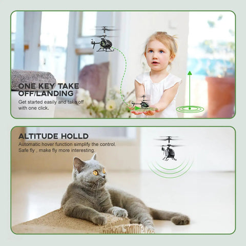 Palm Sized Mini RC Helicopter With Gyro Stabilizer And Altitude Hold displayed in a room with child and cat, showcasing features.