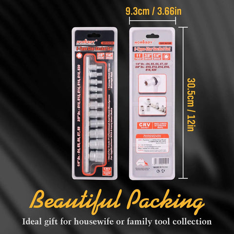 11 Piece E Torx Socket Set External Star Sockets E4 Through E20 With Rail in retail packaging