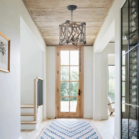 4 Light Wood And Black Metal Pendant Lights For Kitchen Island Modern Farmhouse Rustic Dining Room Chandelier in entryway ceiling mount