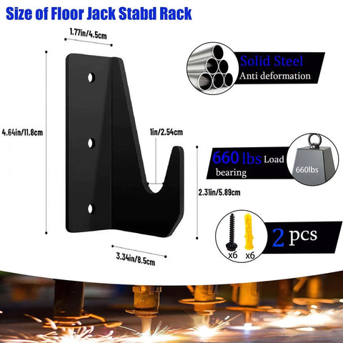 2 Pack Wall Mount Jack Stands Organizer For Floor Jacks Universal Car Jack Holder in solid steel with measurements displayed