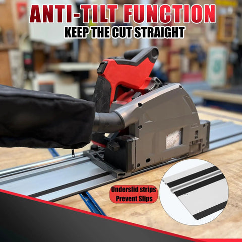 55 Inch Slick Aluminum Track Saw Guide Rail Hella Smooth Glide Setup with anti-tilt function for straight cuts.