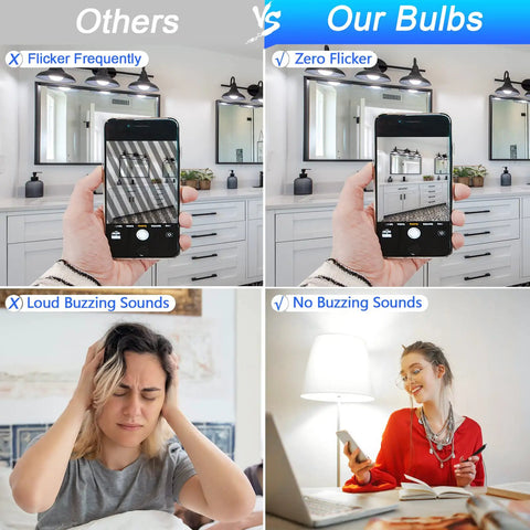 Comparison of flickering and buzzing of 8 Pack E12 Ceiling Fan Light Bulbs Dope Bright 60W Equivalent Daylight White 5000K A15 LED