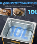 Heavy Duty Ultrasonic Cleaning Machine With Digital Timer Plus Integrated Heater 10 Liter Capacity 40Khz Frequency features a 10L stainless steel cleaning tank.