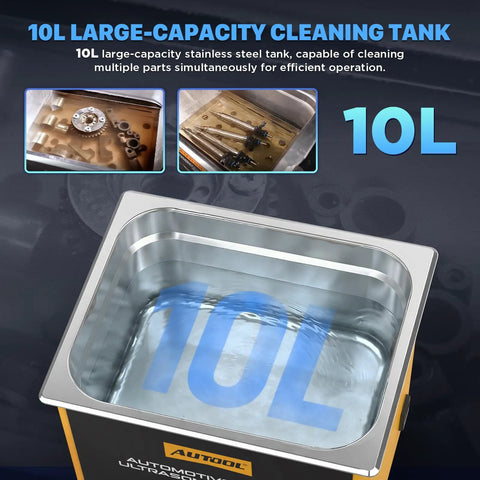 Heavy Duty Ultrasonic Cleaning Machine With Digital Timer Plus Integrated Heater 10 Liter Capacity 40Khz Frequency features a 10L stainless steel cleaning tank.