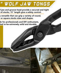 15 Inch Wolf Jaw Tongs And Hammer Tool Set For Bladesmiths And Forge Fans, close-up of black tongs gripping metal on anvil