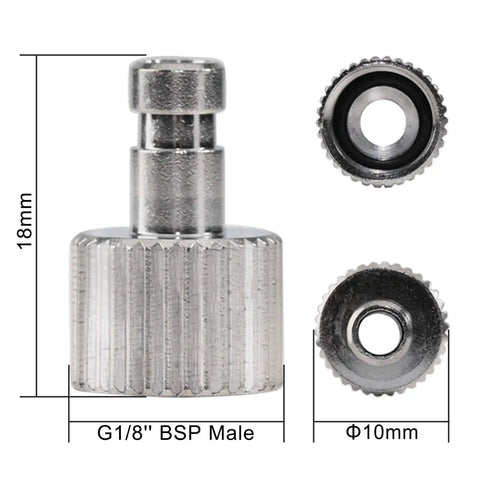 Airbrush Quick Release Disconnect Coupler Kit With Adjustable Valve Easy Connect No Screw Hassle Includes Four Extra Female Fittings And Five O Ring Set One Eighth Inch Male To One Eighth Inch Female Hose Connections, front view with measurements.