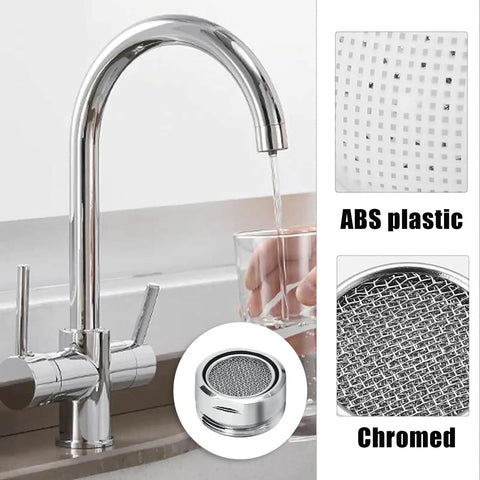 4 Pack Universal Faucet Aerators With 15/16 Male Thread For Fast Kitchen Sink And Bathroom Tap Replacements Heavy Duty Solid Brass Construction Delivers Smooth Splash Free Water Flow Smart Choice For Modern Homes with a polished chrome faucet pouring water into glass.