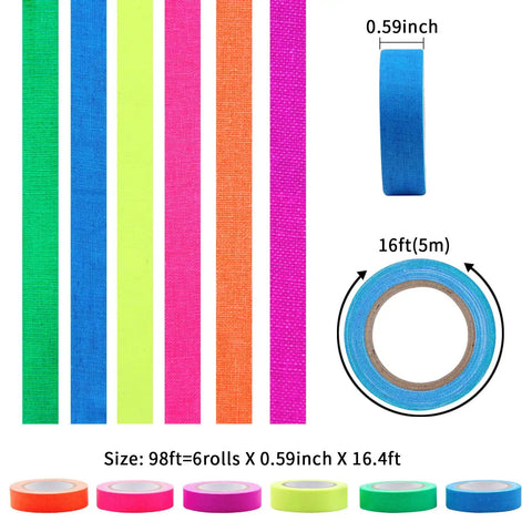 Neon UV Glow In The Dark Tape Set Six Color Party Ready Gaffer Cloth Adhesive Tape 0.6 Inch By 16.5 Feet rolls displayed