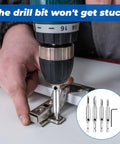Dead On Self Centering Hinge Drill Bit Set For Doors And Cabinets With Spring Loaded Guide No Sweat Pilot Hole Setup in use with drill.