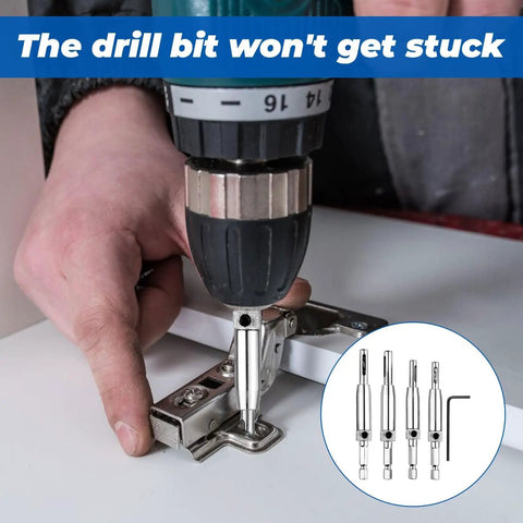 Dead On Self Centering Hinge Drill Bit Set For Doors And Cabinets With Spring Loaded Guide No Sweat Pilot Hole Setup in use with drill.