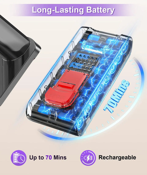 Game Changing Cordless Vacuum Cleaner With Killer Fifty Five Kpa Suction And Heavy Duty Six Hundred Watt Brushless Motor That Gobbles Up Pet Hair And Grime Everywhere Makes Floor Care Totally Stress Free Daily, showing a long-lasting rechargeable battery with up to 70 minutes runtime.