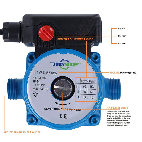 No Fuss 3Speed Hot Water Circulation Pump 93 Watt 110V Recirculator For Solar Heating and Faucet Plumbing with adjustment knob.