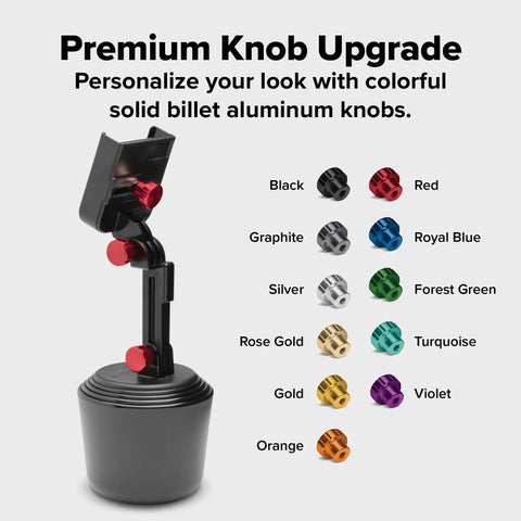 Adjustable Universal Cup Holder Cell Phone Mount Extension For Your Sweet Ride with colorful premium metal knobs in various colors.