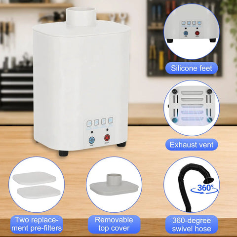 Heavy Duty Solder Fume Extractor Pulling Hella Clean Air With 128 To 168 Cubic Meters Per Hour Flow and Triple Stage Filtration for Laser Engraving, Welding, and DIY Shops; features removable top cover and silicone feet.