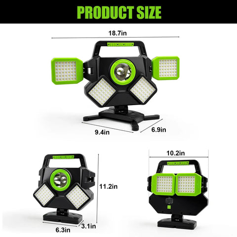 Rechargeable 55W Magnetic Work Light With 5000 Lumens Pro Grade Foldable 360 Degree Rotatable LED Six Lighting Modes Portable Mechanic Jobsite Light For Car Repairs And Workshop showing front, side, and back dimensions.