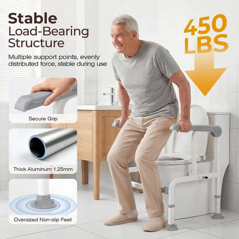 Built Different Toilet Safety Rail With Glow Handles And Flip Up Arms For Seniors And Disabled Featuring 450 Lbs Support And No Wobble Design in bathroom.