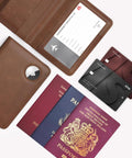 AirTag Enabled Passport Holder With RFID Protection, Leather Passport Wallet For Men, Anti Lost Waterproof Travel Case With Airtag Slot, Durable Brown Travel Accessory with passports and cards